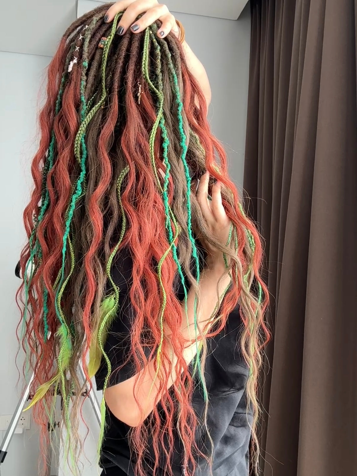 Ember Grove Dreadlocks – Red, Green & Brown Forest Fantasy DE / SE Hair Extensions