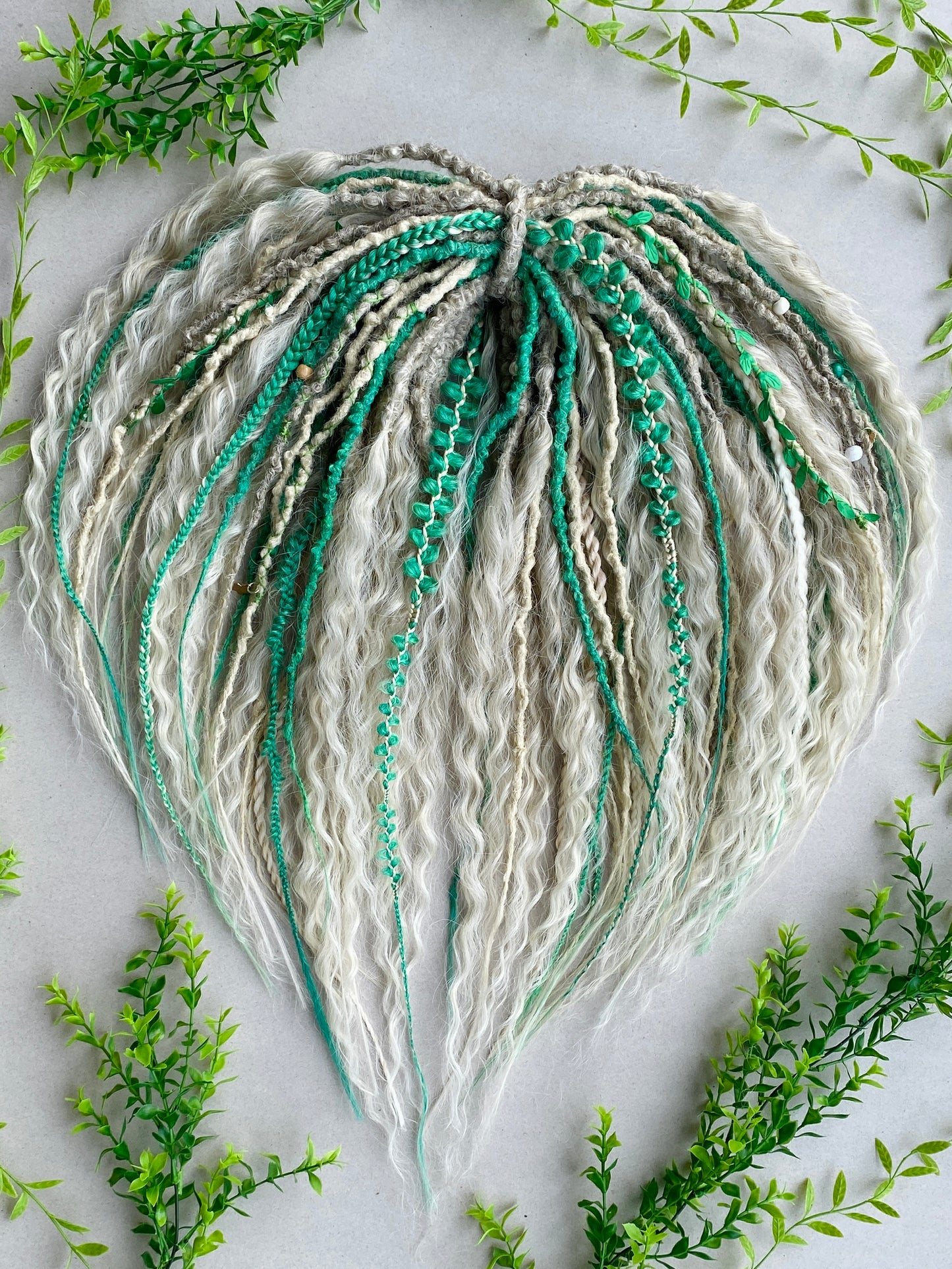 Forest Elf Dreadlock Full Set Light Green & Blonde | Braids & Curls | Handmade Synthetic DE Dreads | Ready to Ship