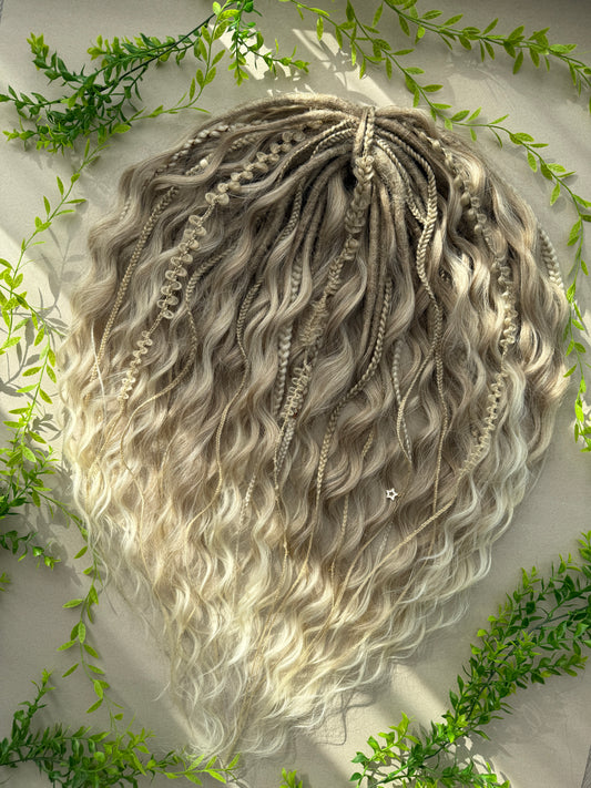Blonde Dreadlock Set with Waves and Braids – Soft Boho Synthetic Hair Extensions