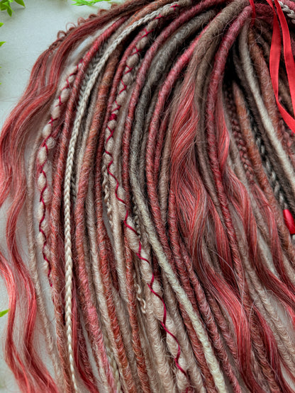 Handmade Blonde Dreadlock Set with Red Accents | Long Wavy DE Dreads 70–75 cm | Ready to Ship