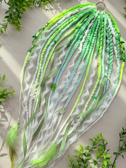 Green Dread Scrunchie – Forest Hair Accessory, Boho Braids, Fairy Hair Piece with Ribbons