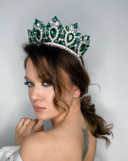 Emerald Forest Queen Crown & Earrings Set | Large Handmade Crystal Tiara