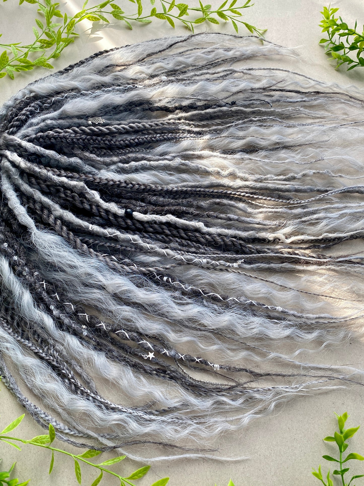 Black to Silver Ombre Dreadlocks Full Set with Curls & Braids