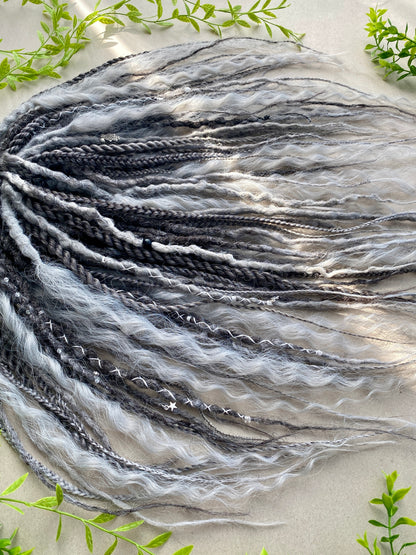 Black to Silver Ombre Dreadlocks Full Set with Curls & Braids