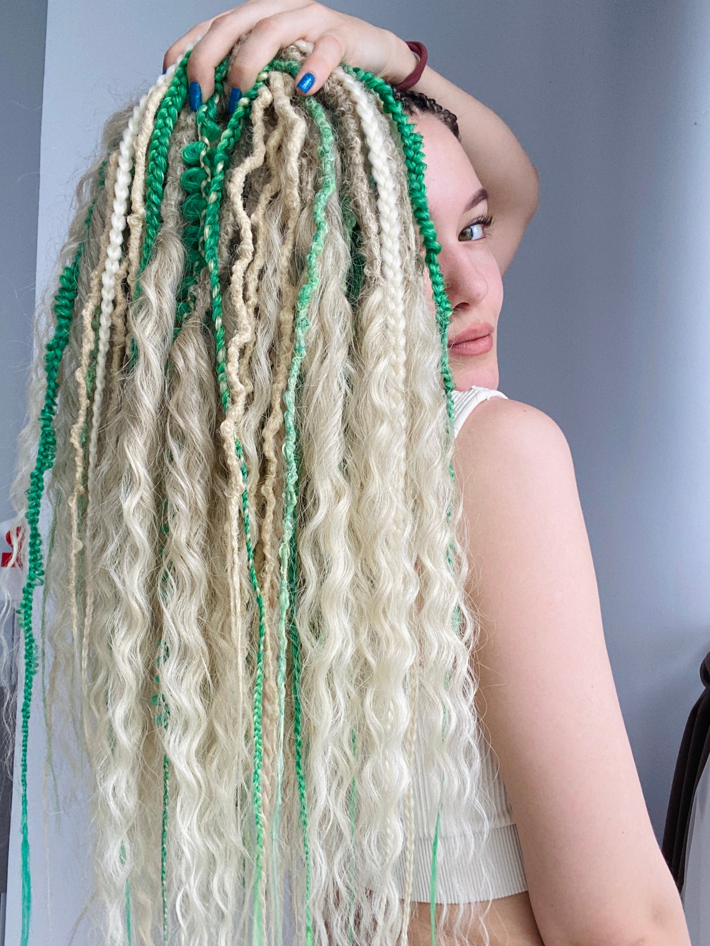 Forest Elf Dreadlock Full Set Light Green & Blonde | Braids & Curls | Handmade Synthetic DE Dreads | Ready to Ship