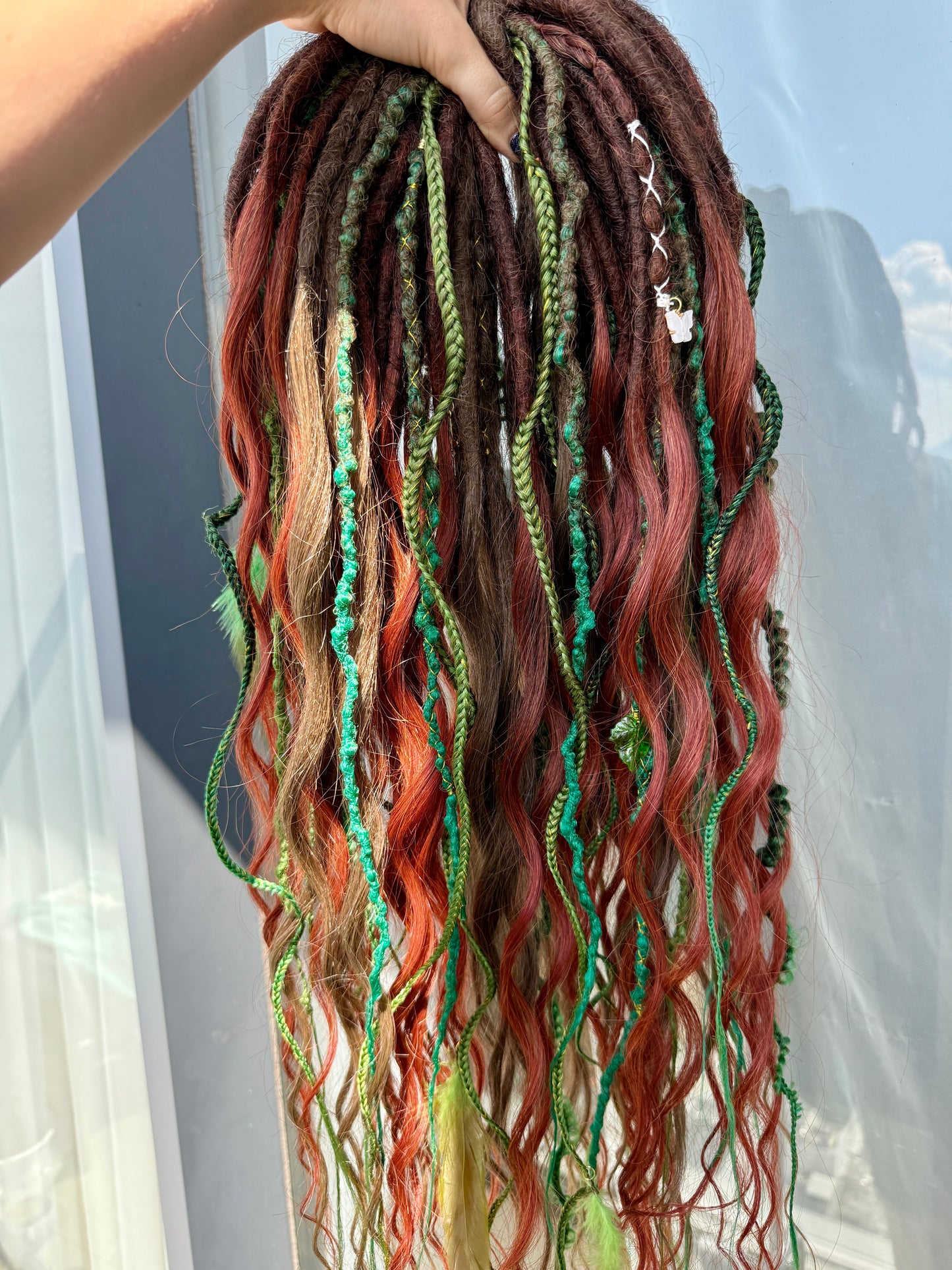 Ember Grove Dreadlocks – Red, Green & Brown Forest Fantasy DE / SE Hair Extensions