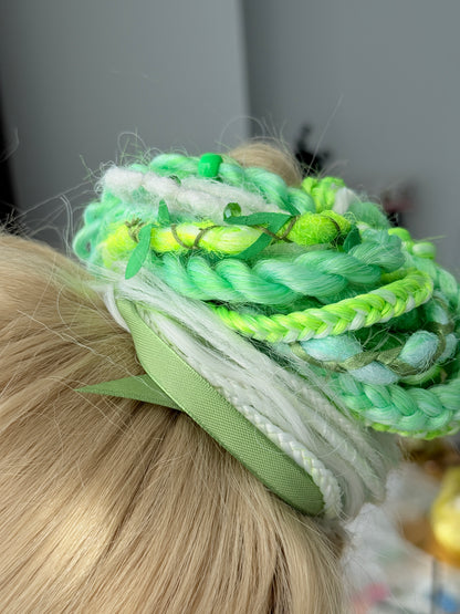 Green Dread Scrunchie – Forest Hair Accessory, Boho Braids, Fairy Hair Piece with Ribbons