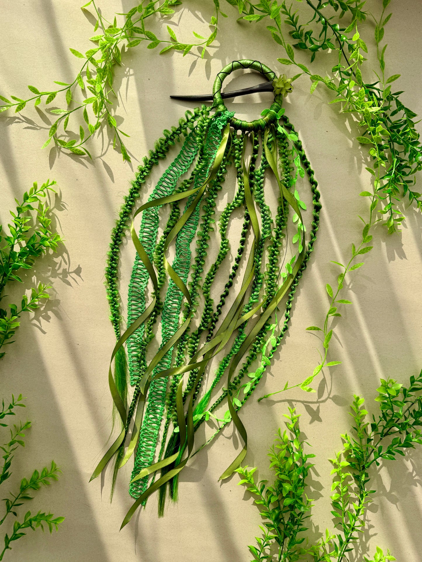 Green Boho Hair Stick with Braided Extensions – Forest Fairy Hair Accessory