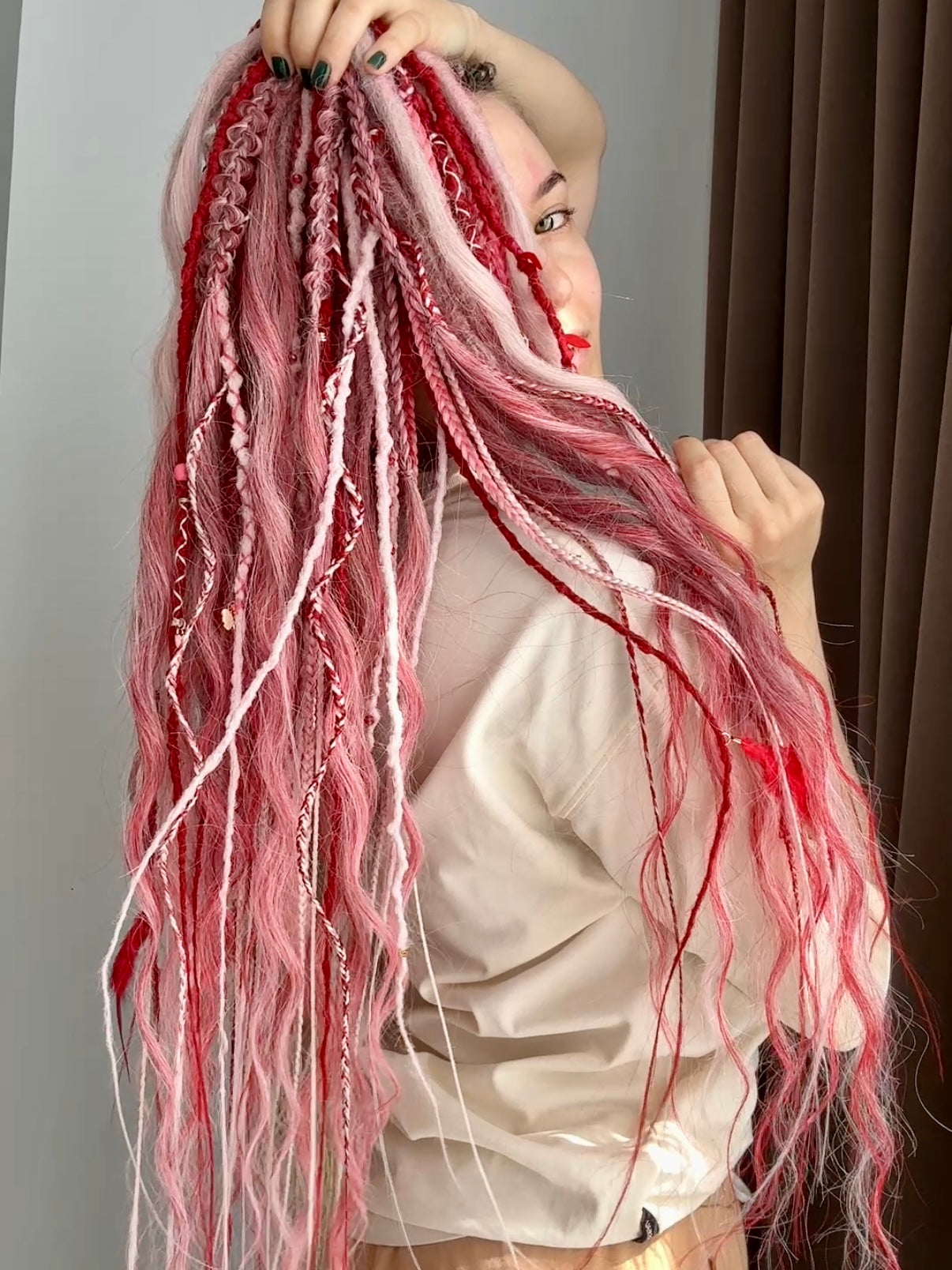 Berry Kiss Dreadlocks – Pink & Deep Red Curly Braided Fantasy Hair Extensions