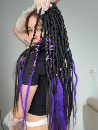 Purple & Black SE Dreadlocks with Human Hair Tips – 80 cm Full Set