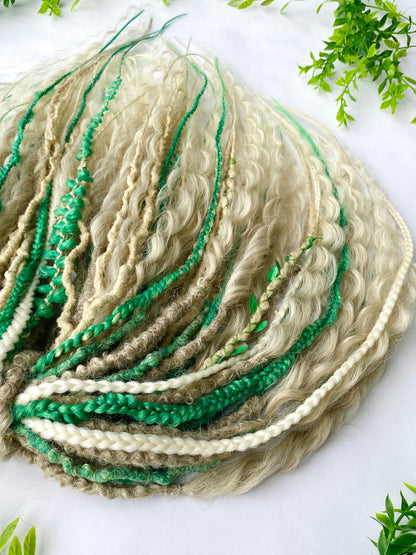 Forest Elf Dreadlock Full Set Light Green & Blonde | Braids & Curls | Handmade Synthetic DE Dreads | Ready to Ship