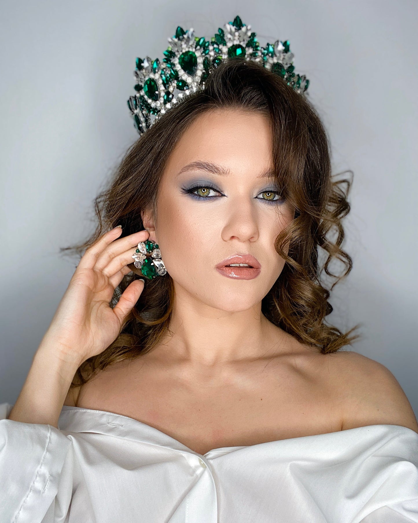 Emerald Forest Queen Crown & Earrings Set | Large Handmade Crystal Tiara