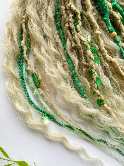 Forest Elf Dreadlock Full Set Light Green & Blonde | Braids & Curls | Handmade Synthetic DE Dreads | Ready to Ship