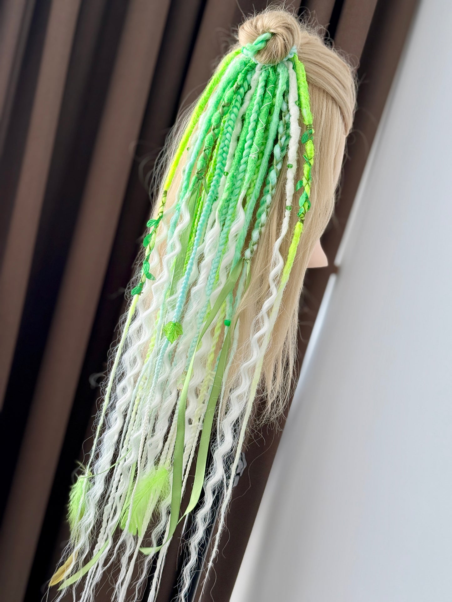 Green Dread Scrunchie – Forest Hair Accessory, Boho Braids, Fairy Hair Piece with Ribbons