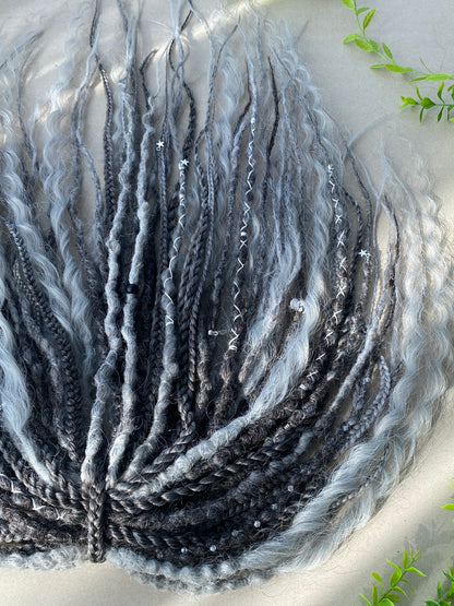Black to Silver Ombre Dreadlocks Full Set with Curls & Braids