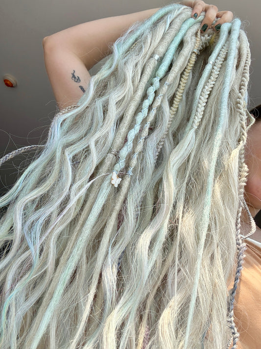 Pastel Rainbow Dreadlocks – Blonde, Mint & Lilac Full Set Fantasy Hair Extensions