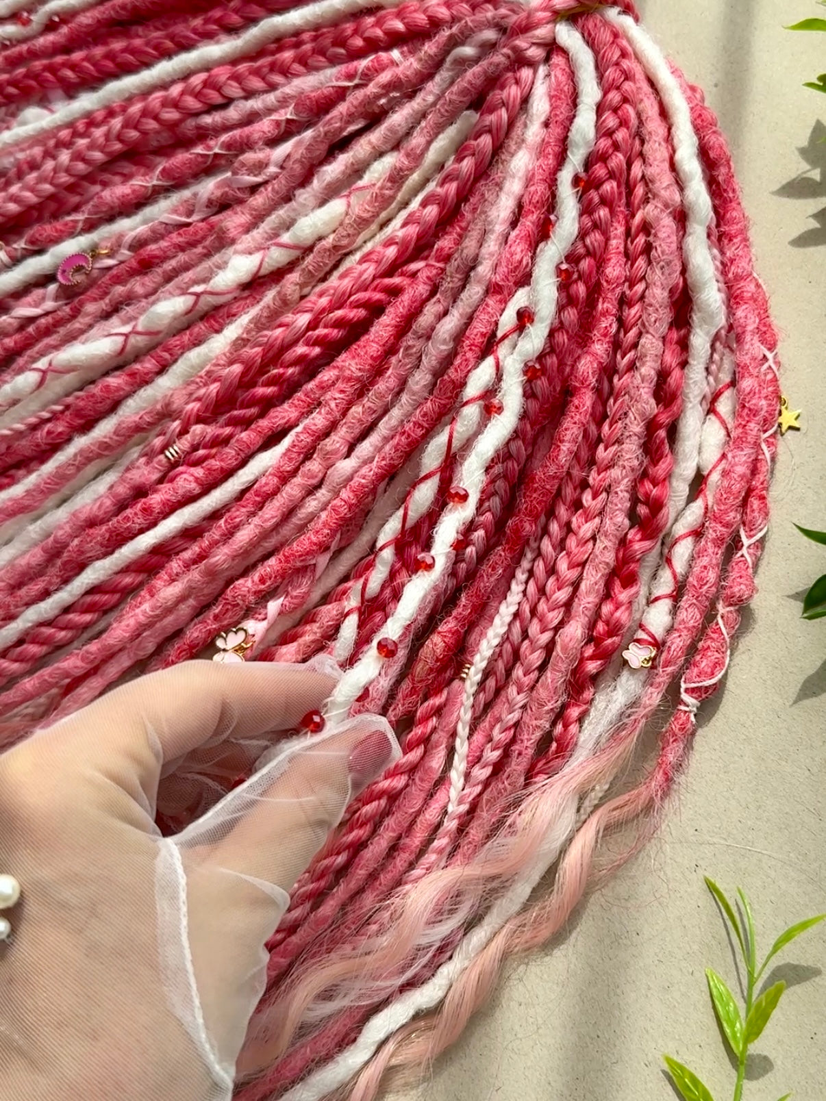 Sakura Bloom Dreadlocks – Pastel Pink & White Full Set Fantasy Hair Extensions