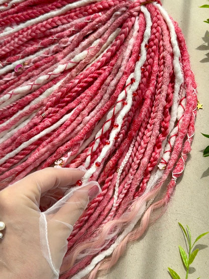 Sakura Bloom Dreadlocks – Pastel Pink & White Full Set Fantasy Hair Extensions