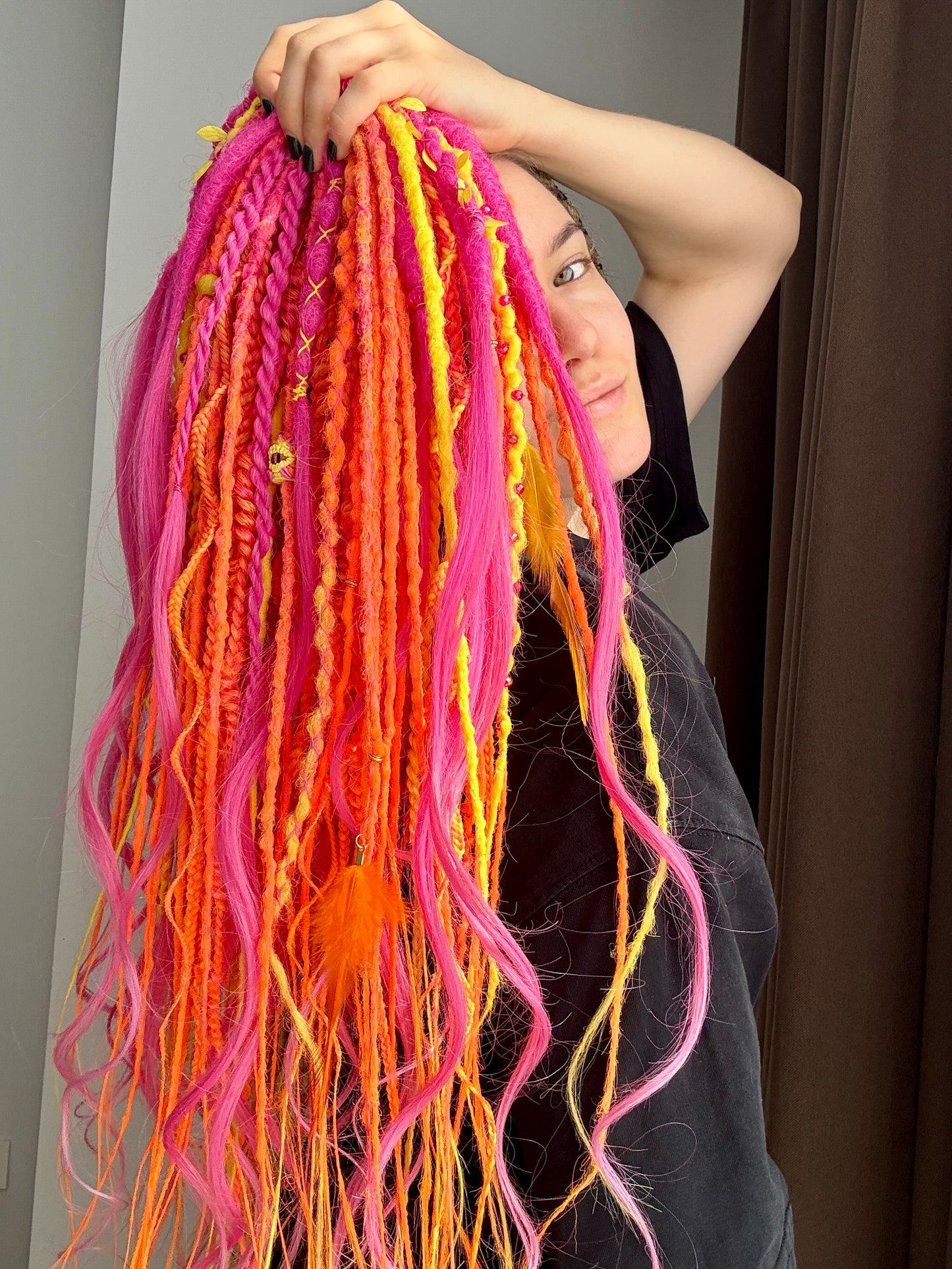 Bright Sunset Dreadlocks – Pink, Orange & Yellow Full Set Fantasy Hair Extensions
