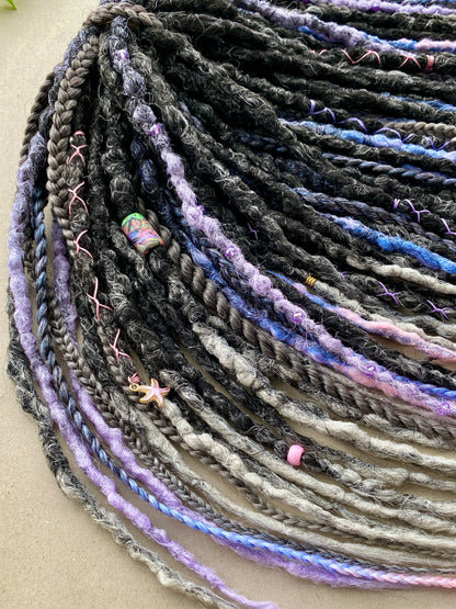 Twilight Ombre Dreadlocks – Black, Grey & Pastel Full Set Fantasy Hair Extensions