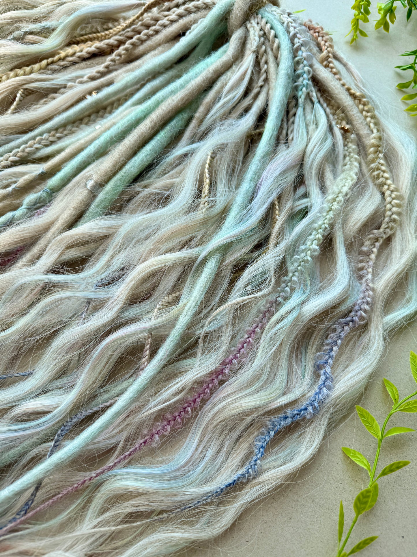 Pastel Rainbow Dreadlocks – Blonde, Mint & Lilac Full Set Fantasy Hair Extensions