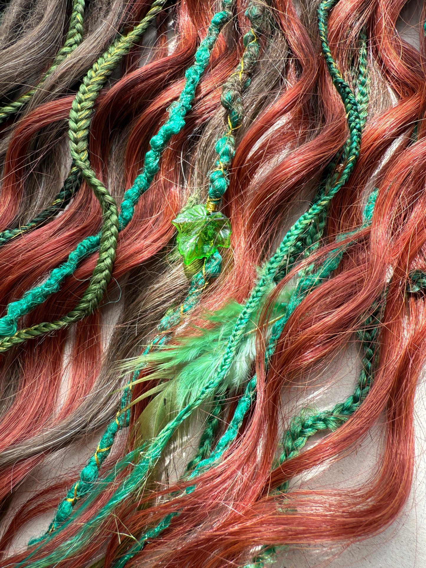 Ember Grove Dreadlocks – Red, Green & Brown Forest Fantasy DE / SE Hair Extensions
