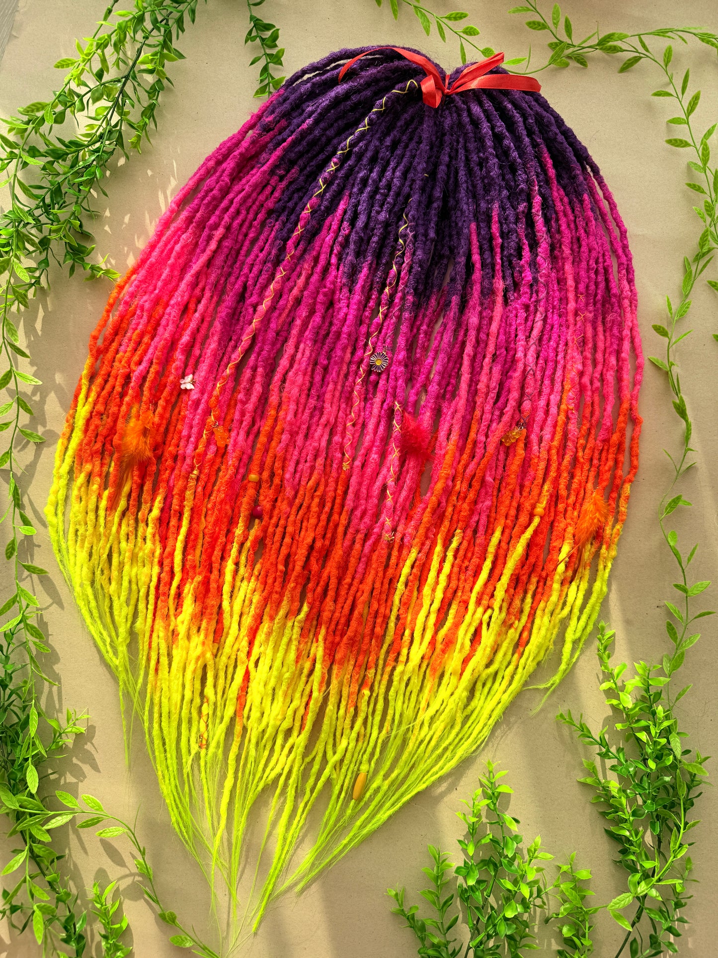 Rainbow Ombre DE Dreadlock Set – Purple Pink Orange Yellow Kanekalon Dread Extensions | 50 DE | 75 cm | Ready to Ship