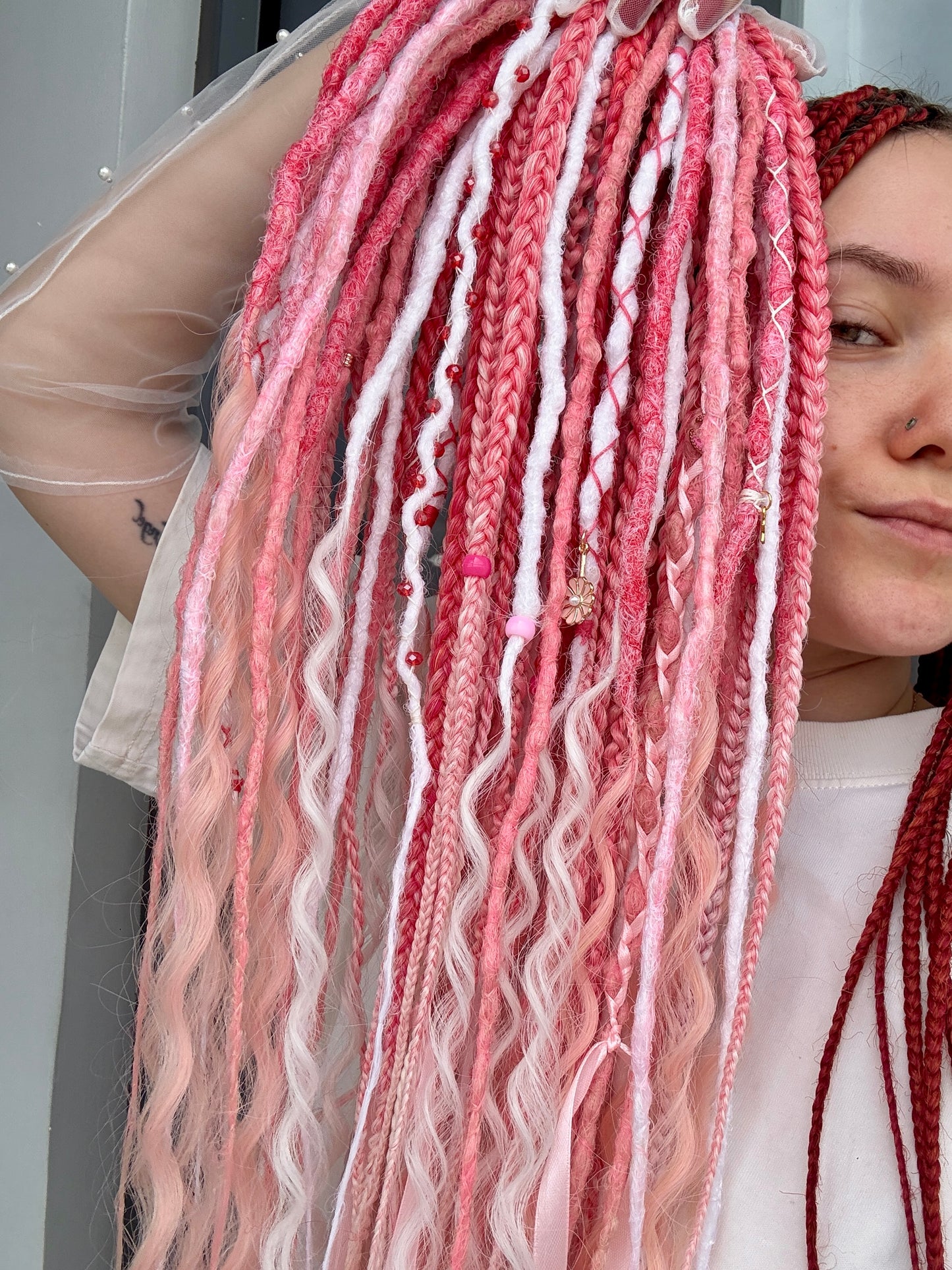 Sakura Bloom Dreadlocks – Pastel Pink & White Full Set Fantasy Hair Extensions