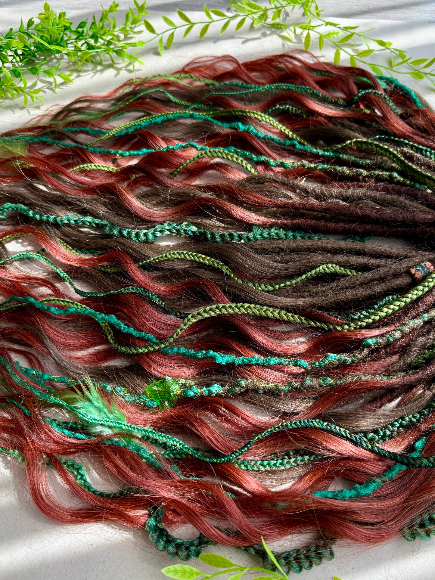 Ember Grove Dreadlocks – Red, Green & Brown Forest Fantasy DE / SE Hair Extensions