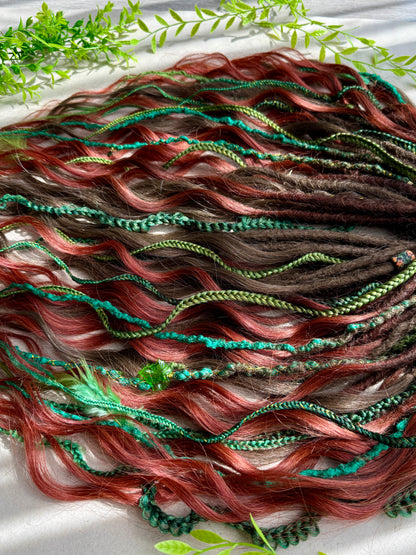 Ember Grove Dreadlocks – Red, Green & Brown Forest Fantasy DE / SE Hair Extensions