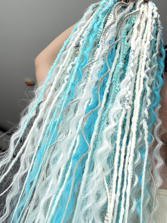 Snow Queen Dreadlocks – White, Ice Blue & Gray Full Set Fantasy Hair Extensions