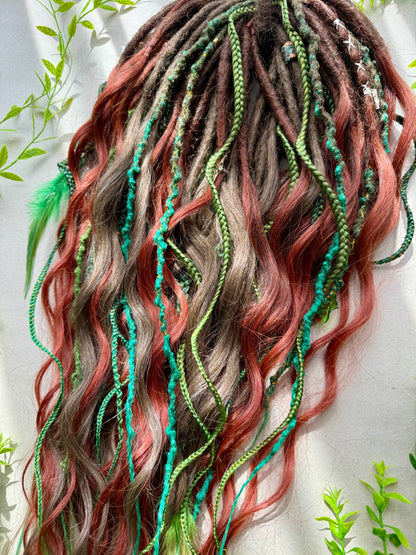 Ember Grove Dreadlocks – Red, Green & Brown Forest Fantasy DE / SE Hair Extensions