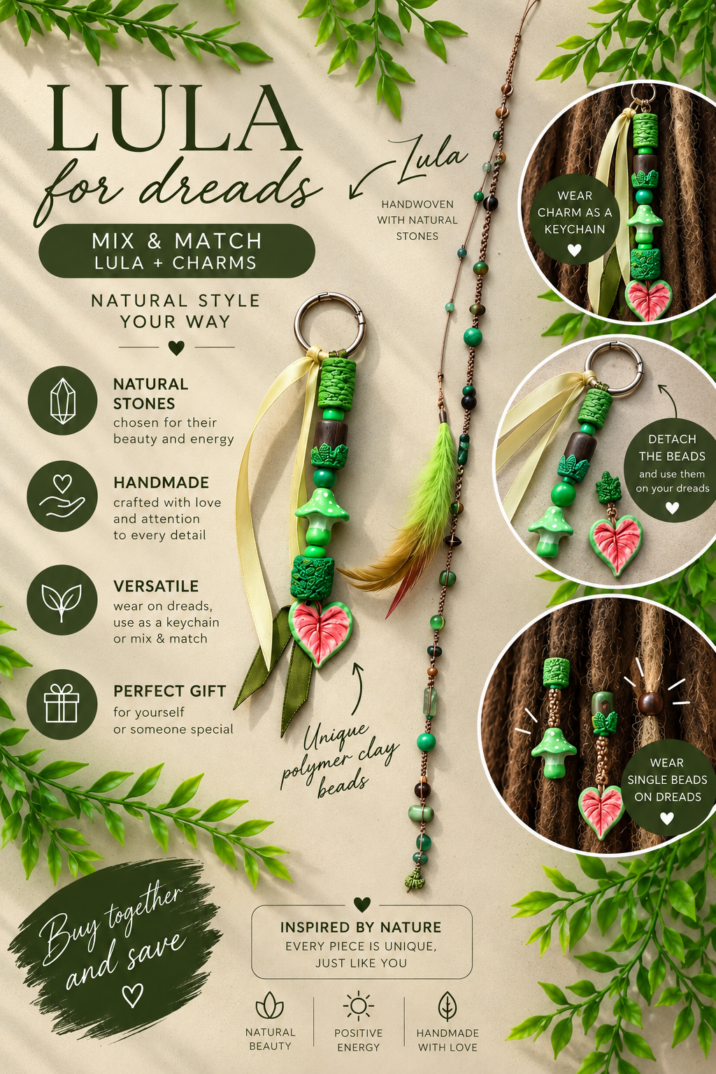 Forest Spirit Lula & Handmade Beaded Charm Set | Natural Stone Dread Wrap & Polymer Clay Dread Accessories