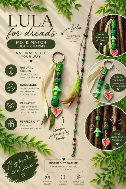 Forest Spirit Lula & Handmade Beaded Charm Set | Natural Stone Dread Wrap & Polymer Clay Dread Accessories