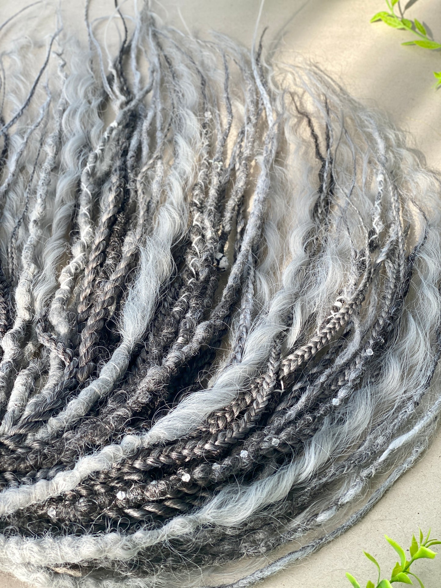 Black to Silver Ombre Dreadlocks Full Set with Curls & Braids