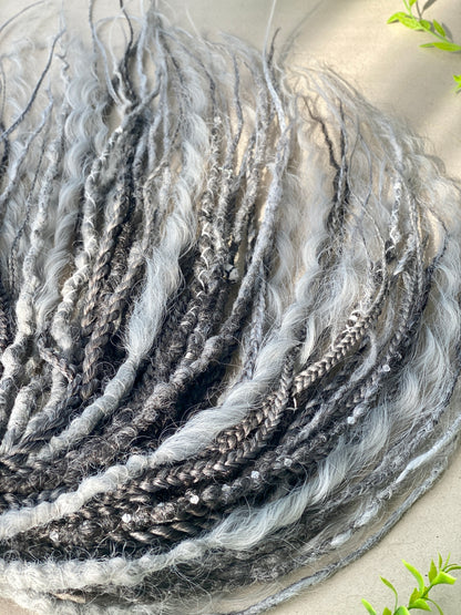 Black to Silver Ombre Dreadlocks Full Set with Curls & Braids