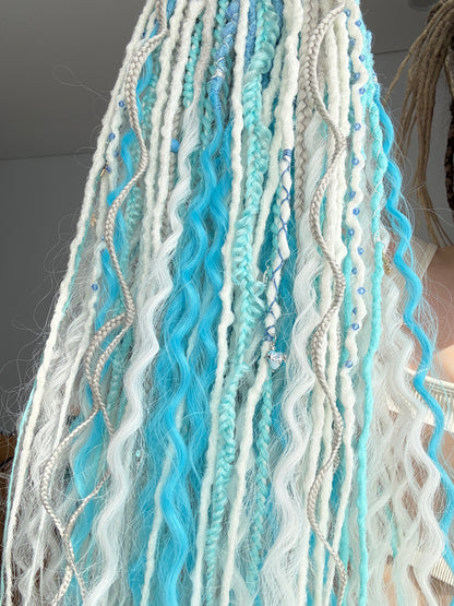 Snow Queen Dreadlocks – White, Ice Blue & Gray Full Set Fantasy Hair Extensions