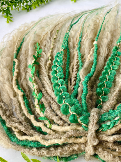 Forest Elf Dreadlock Full Set Light Green & Blonde | Braids & Curls | Handmade Synthetic DE Dreads | Ready to Ship