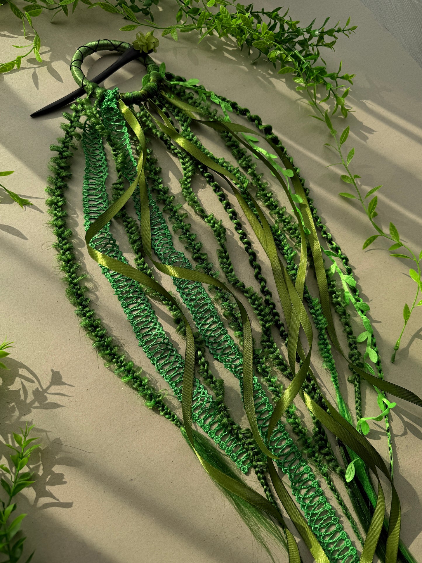 Green Boho Hair Stick with Braided Extensions – Forest Fairy Hair Accessory