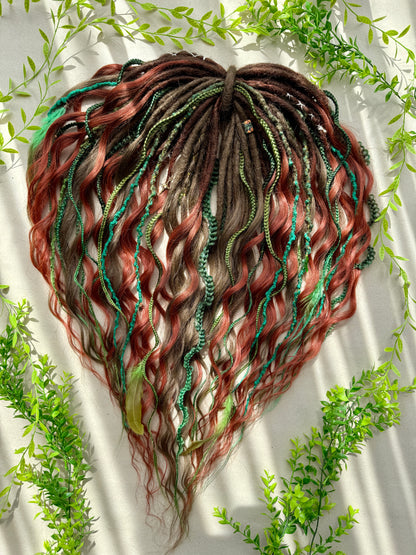 Ember Grove Dreadlocks – Red, Green & Brown Forest Fantasy DE / SE Hair Extensions