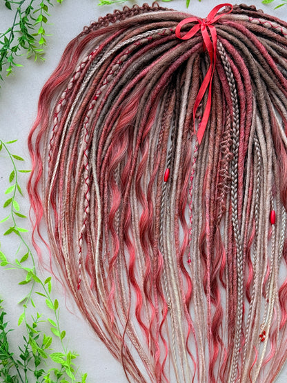 Handmade Blonde Dreadlock Set with Red Accents | Long Wavy DE Dreads 70–75 cm | Ready to Ship