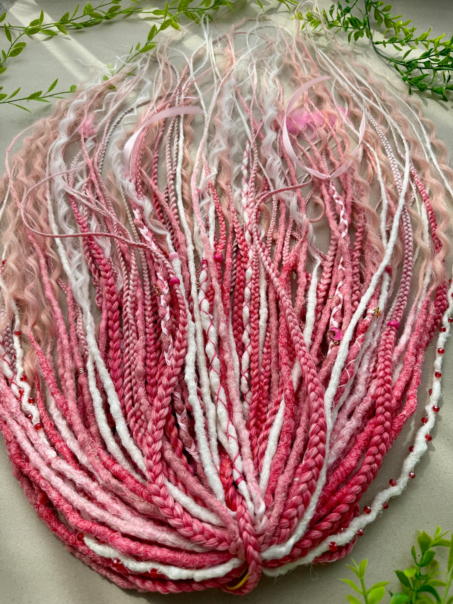 Sakura Bloom Dreadlocks – Pastel Pink & White Full Set Fantasy Hair Extensions