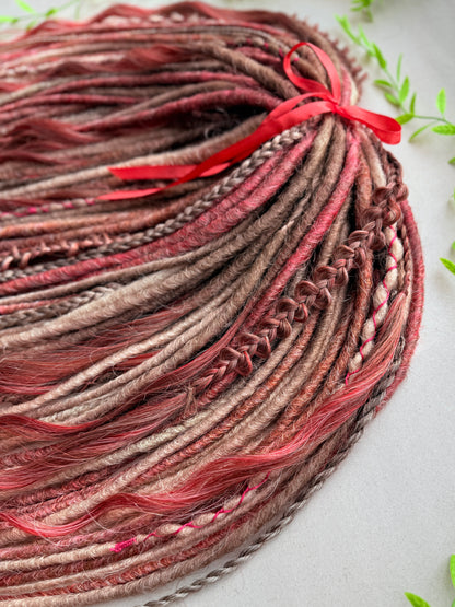 Handmade Blonde Dreadlock Set with Red Accents | Long Wavy DE Dreads 70–75 cm | Ready to Ship