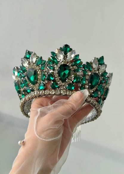 Emerald Forest Queen Crown & Earrings Set | Large Handmade Crystal Tiara