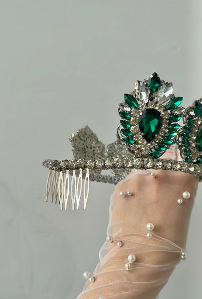 Emerald Forest Queen Crown & Earrings Set | Large Handmade Crystal Tiara