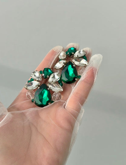 Emerald Forest Queen Crown & Earrings Set | Large Handmade Crystal Tiara