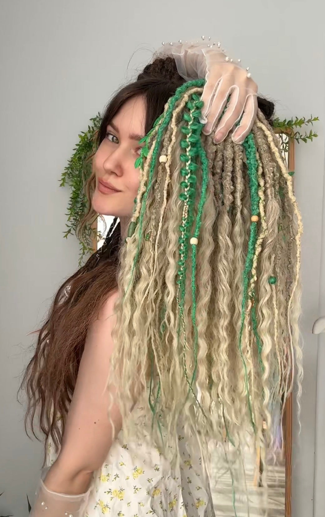 Forest Elf Dreadlock Full Set Light Green & Blonde | Braids & Curls | Handmade Synthetic DE Dreads | Ready to Ship