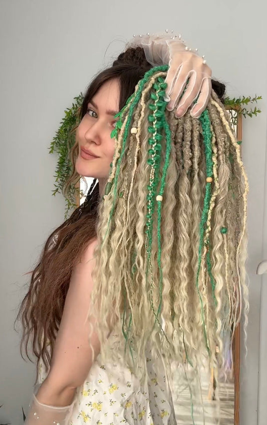 Forest Elf Dreadlock Full Set Light Green & Blonde | Braids & Curls | Handmade Synthetic DE Dreads | Ready to Ship