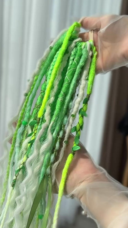 Green Dread Scrunchie – Forest Hair Accessory, Boho Braids, Fairy Hair Piece with Ribbons
