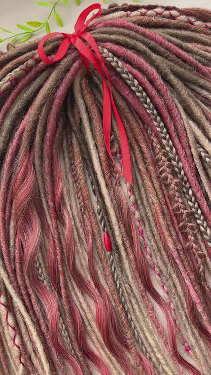Handmade Blonde Dreadlock Set with Red Accents | Long Wavy DE Dreads 70–75 cm | Ready to Ship